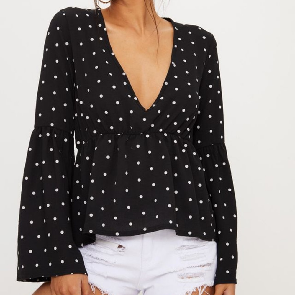 Black Polka Dot Chiffon Flare Sleeve Top